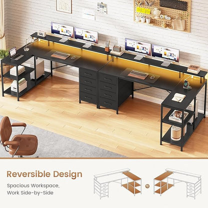 SEDETA L Shaped Desk with 4 Drawers and Storage Shelves, L Shaped Gaming Desk with LED Lights & Power Outlets, Computer Desk with Shelves & Drawer, Corner Desk Home Office Desk, Black