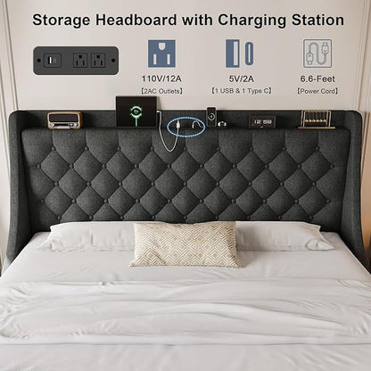 King Size Upholstered Platform Bed Frame with 4 Storage Drawers and Charging Station, Linen Button Tufted Wingback Headboard, Sturdy Wooden Support Slats, No Box Spring Needed, Dark Grey
