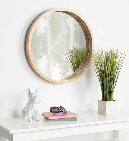 Kate and Laurel Hutton Round Decorative Modern Wood Frame Wall Mirror, 22 Inch Diameter, Natural Finish
