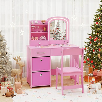 GLACER Kids Vanity Table and Chair Set, Princess Makeup Vanity Desk with 5 Drawers, Open Shelves, Mirror, 2-Color LED Lights, Wooden Toddler Vanity, Pretend Play Vanity Set for Little Girls (Pink)