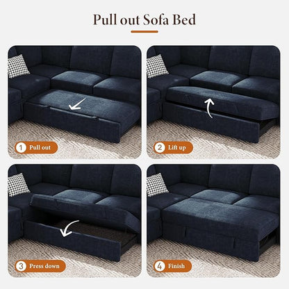 Vesgantti 113.6" Pull Out Sofa Bed with Chaise, 7 Seater U Shaped Sleeper Sofa with Storage Chaise, Comfy Chenille Modular Sectional Couch for Living Room, Bedroom, Apartment, Blue