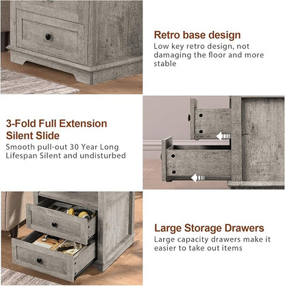 HIFYOBRO End Table with 2 Drawers and Charging Station, Type-C & USB Port & Power outlets, Wooden Storage Cabinet, Large Side Table with Storage for Living Room and Bedroom