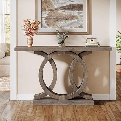 Tribesigns 55-Inch Console Table with Geometric Wood Base, Modern Entryway Table with Thick Tabletop for Living Room, Hallway, Foyer, Brown