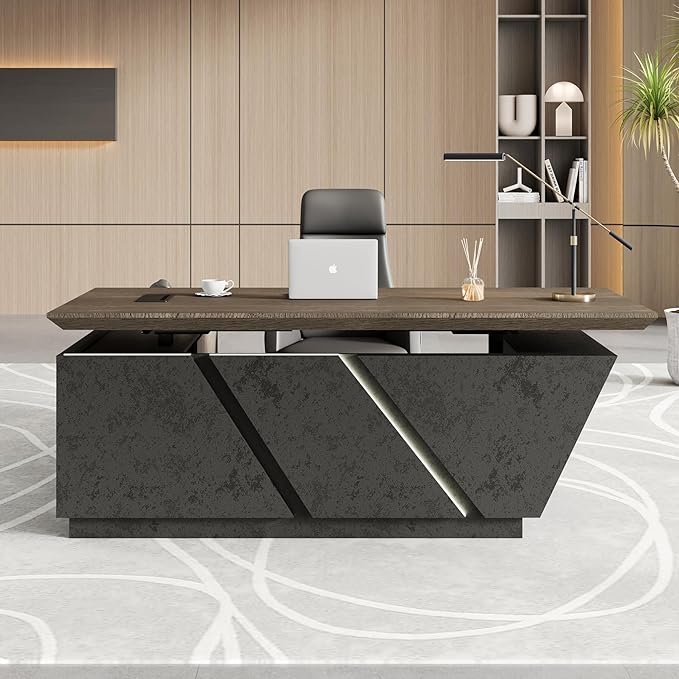 SAINTCY Adjustable Executive Desk - Luxury L Shaped Desk with Drawers, Large Table with File Cabinets, Executive Office Desks with LED Light Strip Home Office Desk for Professionals