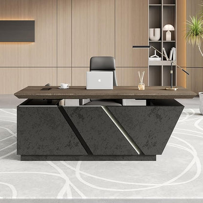 SAINTCY Adjustable Executive Desk - Luxury L Shaped Desk with Drawers, Large Table with File Cabinets, Executive Office Desks with LED Light Strip Home Office Desk for Professionals