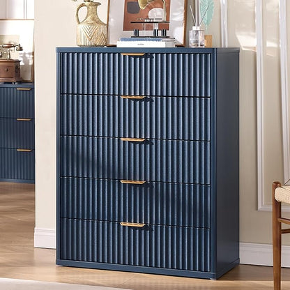 LEYAOYAO Fluted 5 Drawers Dresser Set of 2, 41" Tall Modern Chest of Drawers with Metal Handle, Curved Profile Dresser TV Stand, Wooden Drawer Organizer for Bedroom, Living Room, Hallway, Navy Blue