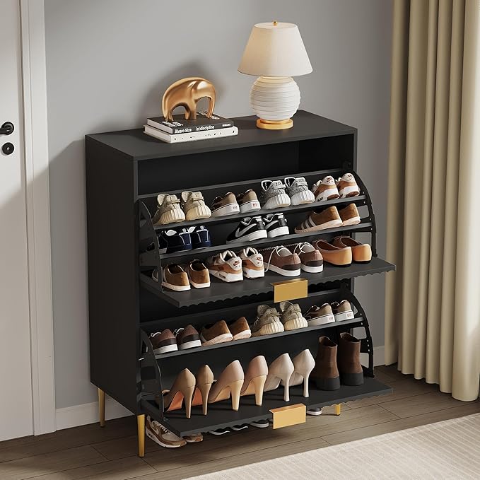 SICOTAS Fluted Shoe Cabinet Storage for Entryway with 4 Flip Drawers-11.8"Deep Frestanding Shoe Organizer Cabinet with 6-tier Shelves, Large 40 Pairs Shoes Rack Cabinet for Foyer Hallway, Black, 2PCS