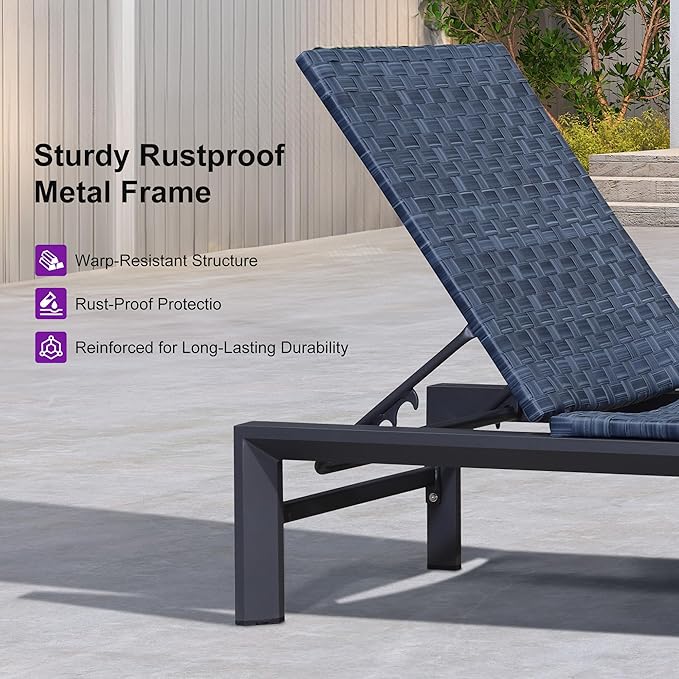 PURPLE LEAF Patio Oversized Chaise Lounge Rattan Chair Set of 2 Outdoor Pool Adjustable Recliner Wicker Chairs for Outside Woven Furniture Tanning Poolside Lounger Navy Blue