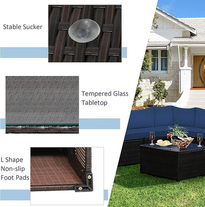 Tangkula 6 Pieces Patio Furniture Set, Outdoor Rattan Sofa Set, Wicker Conversation Set w/Tempered Glass Coffee Table & Cushions, Sectional Sofa Set for Backyard, Garden, Balcony, Poolside