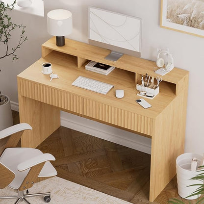 47" Fluted Office Desk with Storage Shelf, Modern Wood Executive Desk with Long Monitor Stand & 2 Drawers, Home Writing Study Computer Table Vanity Desk, Natural Oak