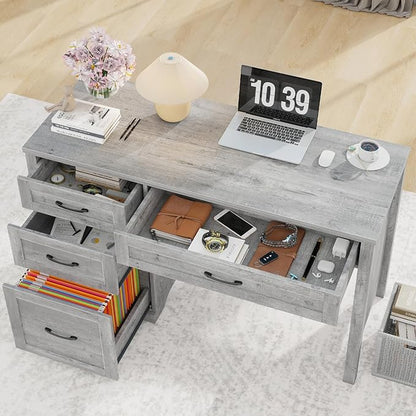 Vabches Farmhouse 47" Executive Desk with File Drawer, Wood Computer Desk with 3 Storage Drawers, Workstation for Home Office, Study, Writing(Grey)