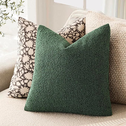 Foindtower Set of 2, Decorative Textured Boucle Throw Pillow Covers Accent Solid Pillow Cases Neutral Cozy Couch Cushion Case for Chair Sofa Bedroom Living Room Home Decor 16x16 Inch Pine Green