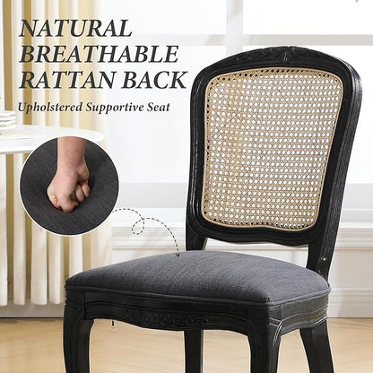 Wicker Dining Chairs Set of 6, Upholstered Linen Fabric Dining Room Chairs with Square High Rattan Back Farmhouse French Kitchen Chairs for Dining Table/Living Room/Restaurant, Black