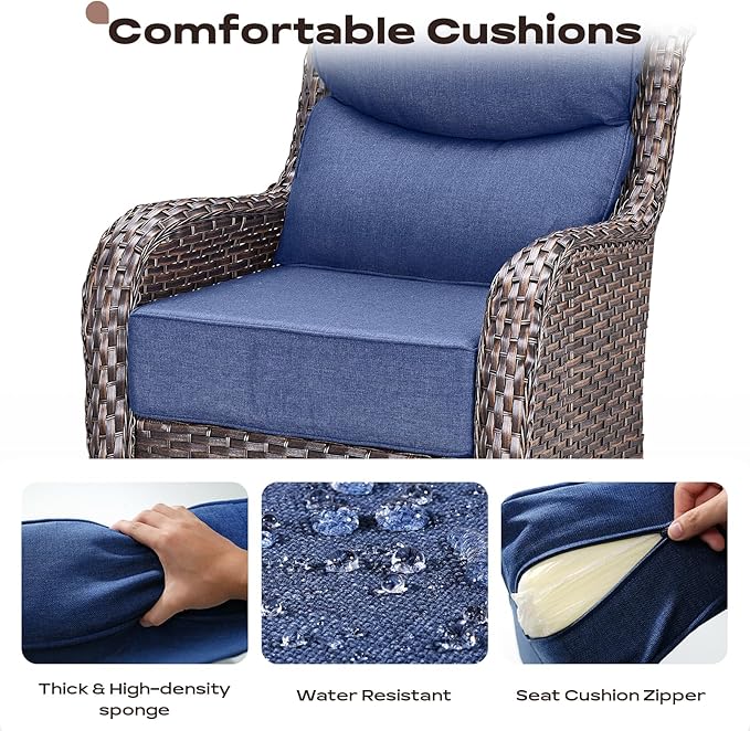 Rilyson Wicker Outdoor Patio Furniture Set - 5 Piece Patio Conversation Sets with Swivel Rocker Chairs, Ottomans and Side Table, 6 inch Cushions, Waterproof Wicker, for Porch Deck Brown/Blue