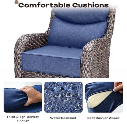 Rilyson Outdoor Patio Swivel Rocker Chairs Set of 2, Waterproof Wicker, High Back, Deep Seating, Wide Armrest, Upgraded 6 inch Thick Cushions, Side Table, Ideal for Deck Porch Yard, Brown/Blue