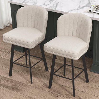 Swivel Counter Height Bar Stools Set of 3, 26'' Modern Barstools with Backs and Metal Legs, Upholstered Bar Chairs, Beige, Fabric Stools for Kitchen Island Chairs