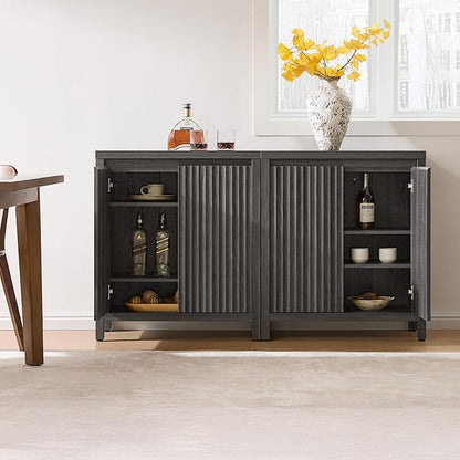 SICOTAS Sideboard Buffet Cabinet with Storage, Fluted Credenza Console Cabinet with Adjustable Shelves, Modern Coffee Bar Storage Cabinet for Kitchen, Living Room, Entryway, Black Oak, 2 PCS