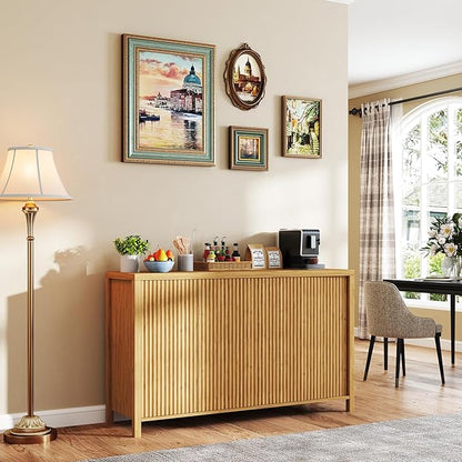 YOUDENOVA Fluted Buffet Cabinet with Storage Set of 2, Modern Sideboard Cabinets with 4 Doors & Adjustable Shelves, Accent Credenza Storage Cabinet, Wood Entryway Cabinet for Living Room, Natural