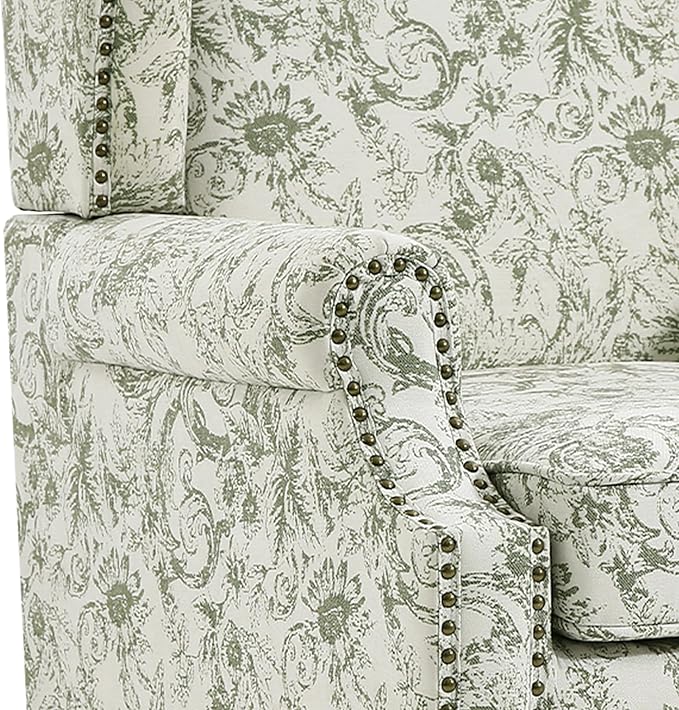UIXE High Back Floral Accent Chairs Set of 2, Fabric Upholstered Armchair Wingback Arm Chair for Living Room, Nailhead Trim Single Sofa Bedroom Side Reading Seat with Solid Wood Legs - Rococo Green