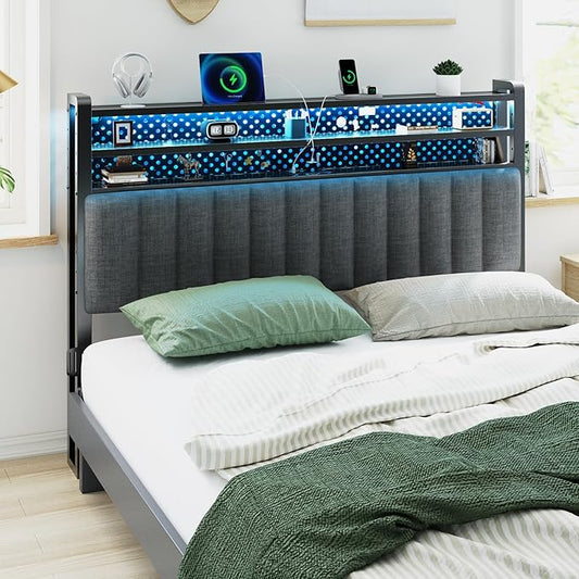 VINGLI King Size Headboard Only, Adjustable Upholstered Headboard with 3 Tier Shelves and Pegboard with Charging Stations and LED Lights, Modern Bed Headboard with Storage for Bedroom Decor