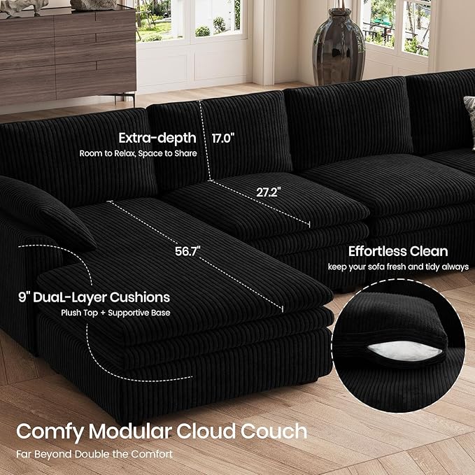 Belffin Large Modular Sectional Sofa with Deep Chaise, 104" Corduroy L Shaped Couch with 9" Soft Dual-Layer Seats Cushion for Living Room, Apartment, Black