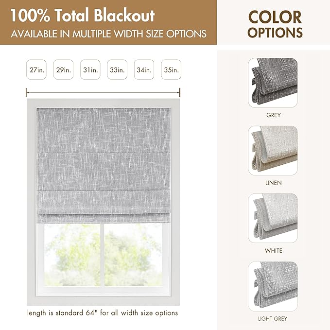 Madison Park Cordless Roman Shades, Total Blackout Window Blind Privacy Window Shades, Thermal Insulated Cordless Window Treatment for Bedroom, Living Room, Quincy, Single Panel 34"W x 64"H Light Grey