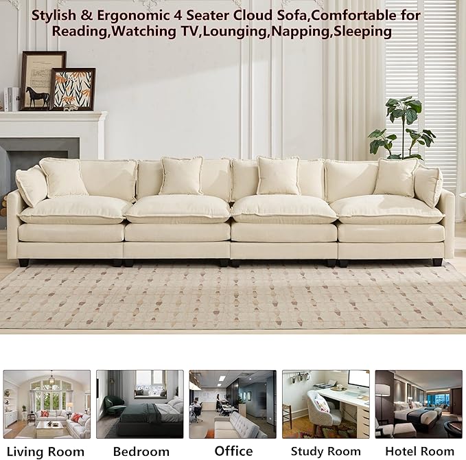 Aoowow Modular Sectional 4 Seater Cloud Sofa Couch for Living Room,149.6" Cloud Sofas with Deep Seat,Modern Chenille 4 Seat Sofas,Fluffy Cloud Couches for Bedroom,Office,Hotel (Beige, 4 Seater)