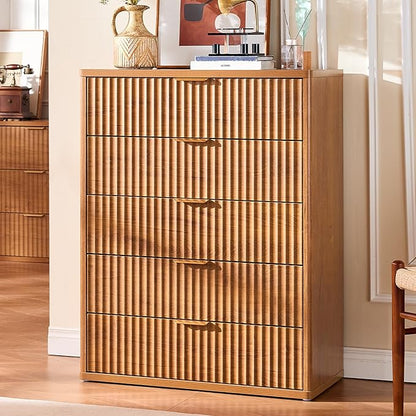 LEYAOYAO Fluted 5 Drawers Dresser Set of 2, 41" Tall Modern Chest of Drawers with Metal Handle, Curved Profile Dresser TV Stand, Wooden Drawer Organizer for Bedroom, Living Room, Hallway, Navy Blue