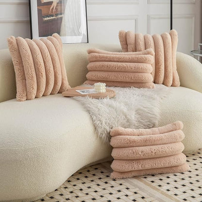 Neelvin Camel Faux Fur Cozy Soft Striped Decorative Throw Pillow Covers 24x24 inch Set of 2,Velvet Pillowcase Cushion Case for Sofa Couch