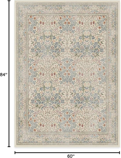 RUGGABLE x Morris & Co Washable Area Rug – Blackthorn Ivory Blue 5x7, Stain-Resistant, Non-Slip – Medium Machine Washable Rugs for Living Room, Bedroom, Hallway, Entryway & Office–with Standard Pad