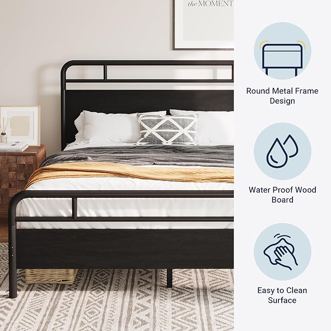 Allewie Full Size Platform Bed Frame with Wooden Headboard and Footboard, Heavy Duty 13 Metal Slats Support, Under-Bed Storage, No Box Spring Needed, Noise Free, Easy Assembly, Black Oak