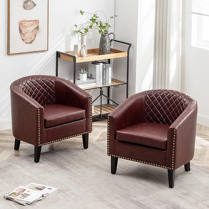 KINWELL 29" W Faux Leather Barrel Chairs Set of 2, Modern PU Upholstered Tufted Club Chairs with Nailhead Trim, Small Armchairs Accent Chairs for Living Room Bedroom Apartment Lounge Nursery, Red