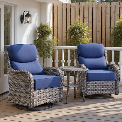 Belord Luxury 6" Thick Cushioned Outdoor Swivel Rocker Patio Chairs with Side Table, 3 Pieces High Back Wicker Furniture Set with Ergonomic Back, Conversation Gliders Set for Deck Porch - Grey+Blue