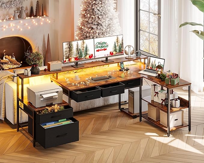 AODK L Shaped Desk with 5 File Drawers, 66" Reversible L Shaped Computer Desk with Power Outlet & LED Strip, Office Desk with Storage Shelves, Gaming Table with Monitor Shelf, Corner Table, Vintage