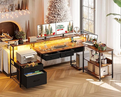 AODK L Shaped Desk with 5 File Drawers, 66" Reversible L Shaped Computer Desk with Power Outlet & LED Strip, Office Desk with Storage Shelves, Gaming Table with Monitor Shelf, Corner Table, Vintage