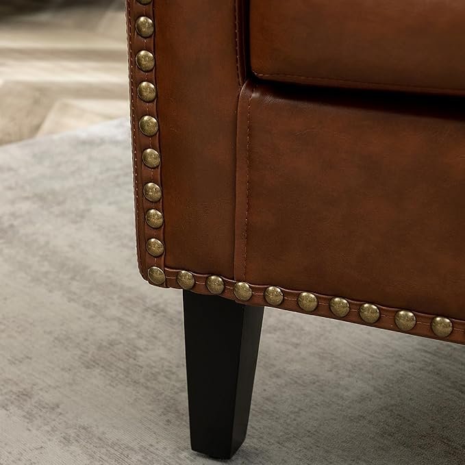 KINWELL 29" W Faux Leather Barrel Chairs Set of 2, Modern PU Upholstered Tufted Club Chairs with Nailhead Trim, Small Armchairs Accent Chairs for Living Room Bedroom Apartment Lounge Nursery, Brown