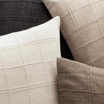 Foindtower Set of 2 Decorative Linen Check Throw Pillow Covers Neutral Farmhouse Vintage Cushion Covers Modern Boho Home Decor for Sofa Chair Couch Bedroom Living Room,20×20 Inch,Natural Linen