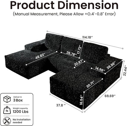 114" Glitter Cloud Sectional Couch with L-Shape Chaise & Ottoman, Modern Boneless Couches for Living Room, Fluffy Tufted Deep Seat Modular Sofa No Assembly (Black Sparkly Velvet,Left Facing)