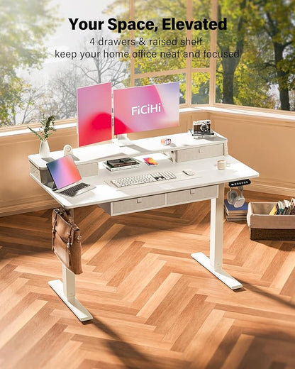 FiCiHi Adjustable Height Standing Desk with 4 Drawers,48 x 24 inches Electric Sit Stand Home Office Desk with Two Tiers, 3 Memory Presets, Monitor Stand Riser
