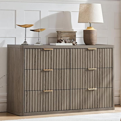LEYAOYAO Fluted 6 Drawers Dresser, 48" Wide Modern Chest of Drawers with Wood Grain Top, Curved Profile Design, Dresser TV Stand, Wood Drawer Organizer for Bedroom, Living Room, Hallway,Grey