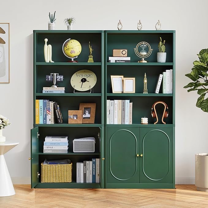 70.8" Tall Fluted Bookshelf with Storage Cabinet, Modern 5-Tier Wood Bookcase with Open Display Storage Shelf, Gold Handles for Office Living Room (Green)