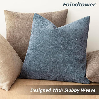 Foindtower Pack of 2 Soft Textured Chenille Throw Decorative Pillow Covers Square Accent Solid Cushion Cover Cozy Neutral Farmhouse Pillow Case for Couch Sofa Bedroom Living Room 24x24 Inch,Blue
