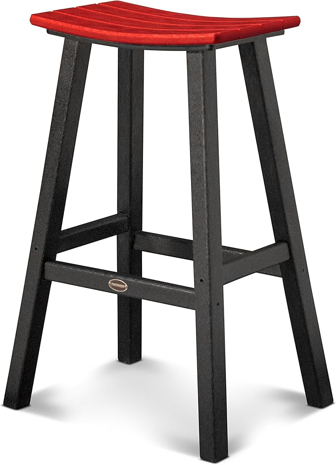 POLYWOOD 2012-FBLSR Contempo Bar Height Saddle Seat Barstool, Black Frame, Sunset Red