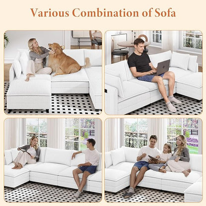 Vesgantti 109" L Shaped Cloud Sectional Couch, Comfy Corduroy Upholstered Modular Couches for Living Room, Modern Modular Sectional Sofa with Ottoman Deep Seat, Warm White