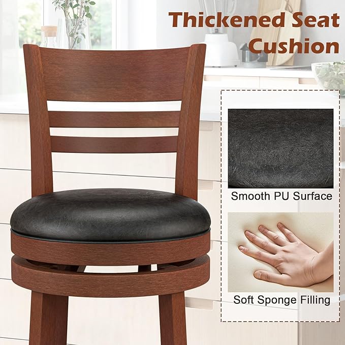 COSTWAY Bar Stools, 360-Degree Swivel Bar Chairs with PU Upholstered Seats, Solid Rubber Wood Backrests, Footrests & Legs, Bar Height Stools with Backs for Kitchen, Bar, Brown (2)