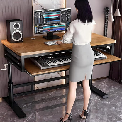 Studio Desk with Keyboard Tray | Hand-Crank Adjustable Standing Desk Workstation for Music Production, Cable Management, MIDI Keyboard Shelf (Natural, 47in)
