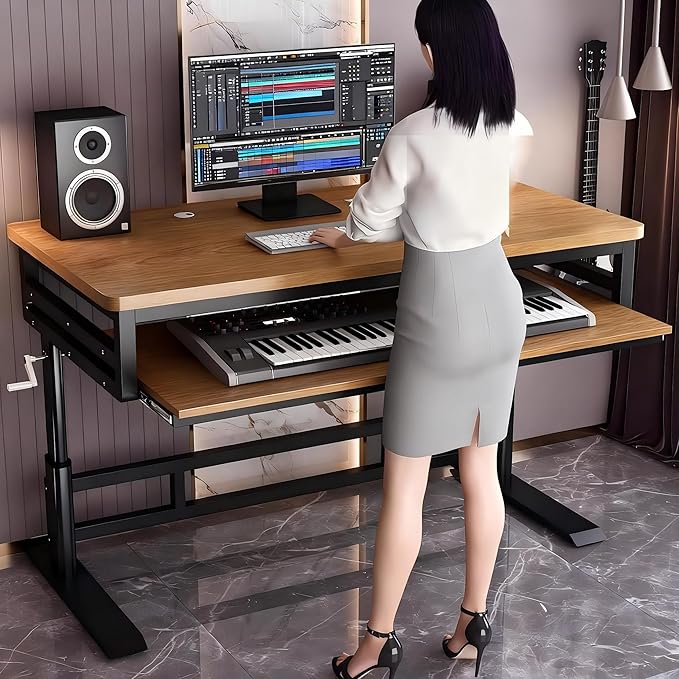 Studio Desk with Keyboard Tray | Hand-Crank Adjustable Standing Desk Workstation for Music Production, Cable Management, MIDI Keyboard Shelf (Natural, 62in)