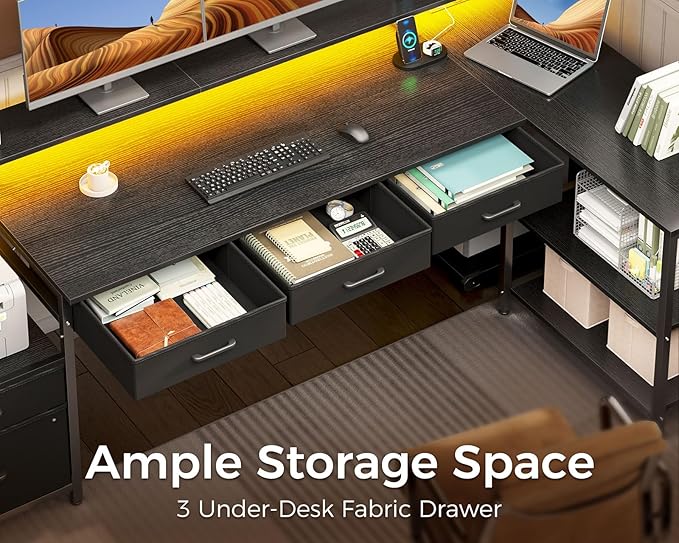 AODK L Shaped Desk with 5 File Drawers, 66" Reversible L Shaped Computer Desk with Power Outlet & LED Strip, Office Desk with Storage Shelves, Gaming Desk with Monitor Shelf, Corner Desk, Black