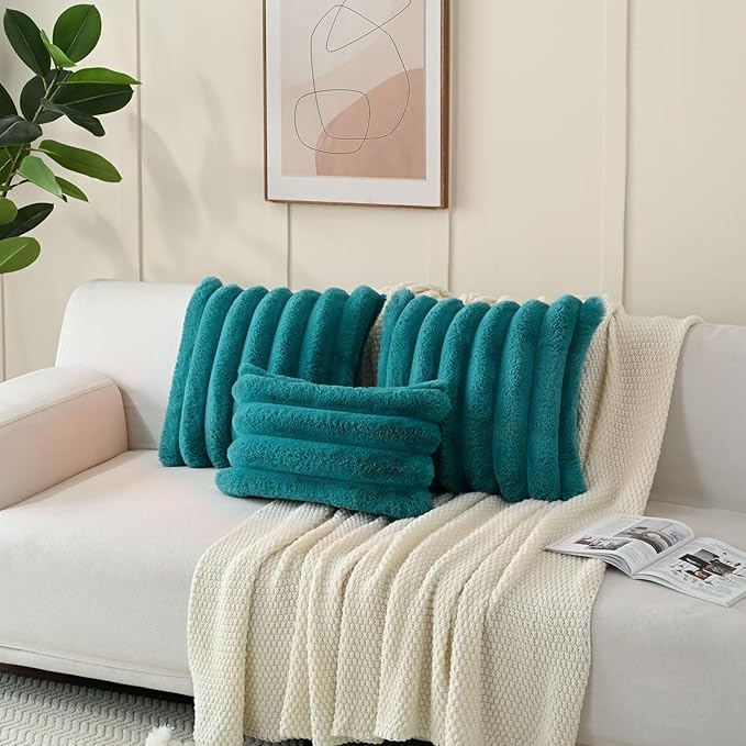 FUTEI Teal Decorative Throw Pillow Covers 18x18 Inch Set of 2, Square Soft Faux Rabbit Fur Thick Striped Cushion Cover,Winter Home Decor for Couch Bed Living Room