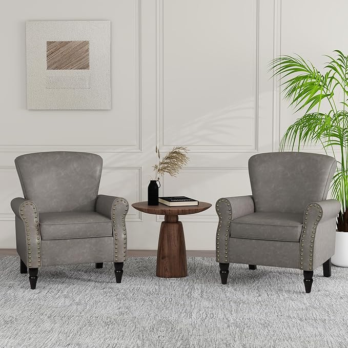 Accent Chair, Mid Century Modern Faux Leather Arm Chair with Wood Leg for Living Room, Bedroom, Comfy PU Leather Club Reading Chairs with Wingback & Nailhead Trim (Leather Grey, Set of 2)